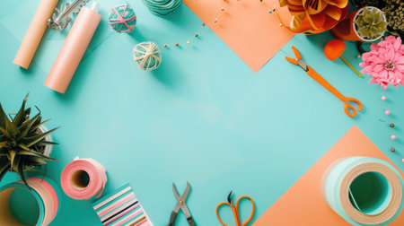 The table is adorned with a mix of plants, yarn, and various decorative items, creating a charming display of plant, flower, and tableware AIG50の素材
