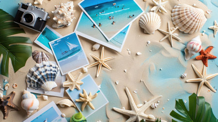 On the beach, a hat, sunglasses, seashells, starfish, and photos are scattered on the sand. The aqua water creates a stunning landscape for leisure and fun events AIG50の素材