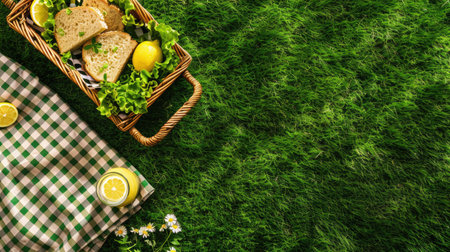 A green picnic basket filled with food items such as sandwiches, lemons, and juice placed on the grass. The ingredients are sourced from terrestrial plants and citrus fruits AIG50の素材