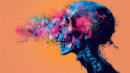 A skull with a colorful explosion of paint. AIG51A.の素材