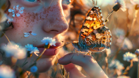 The close up picture of the person holding the butterfly on the finger that has been surrounded with the plant and the nature in the springtime of the year under the bright light from the sun. AIG43.の素材