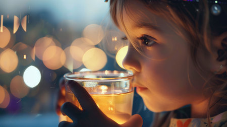 A thoughtful young girl with a cup of juice against a blurred bokeh background. AIG50の素材