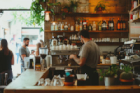 Blurred background of a busy coffee shop with patrons enjoying their drinks and baristas crafting coffee, creating a lively community space. Resplendent.の写真素材