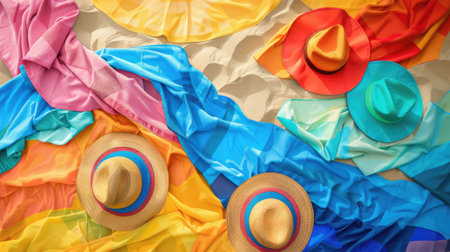 An electric blue hat, patterned scarf, stylish sunglasses, and a rainbow towel are laid out on the beach. The colors create a beautiful circle of art amidst the sand and water AIG50の素材