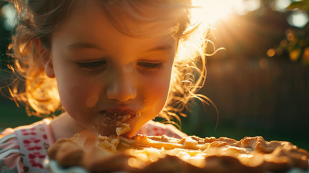 A young girl is seated at a table with a delicious pie in front of her. The aroma of freshly baked goods fills the room, enticing her to take a bite and share the tasty treat with others AIG50の素材