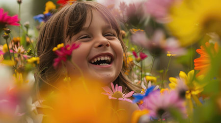 A young girl is beaming with a smile surrounded by vibrant flowers. The colorful petals cascade around her, creating a beautiful botanical scene perfect for a photograph AIG50の素材