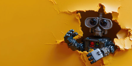 Close up view picture of the hollow yellow hole on the the wall that show the robot stay inside the wall that has been made from some material yet still can break to look through other side. AIGX03.の素材