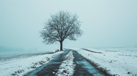 The picture of the single tree that has been covered with white snow in the middle of the empty snow land in the winter season and light from the sun can make everything bright clear on land. AIGX03.の素材