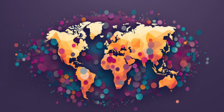 Stylized world map composed of multicolored circles on a white background with a modern artistic touch. Creative pattern of world map with colorful point with circle shape. Geography concept. AIG35.の素材