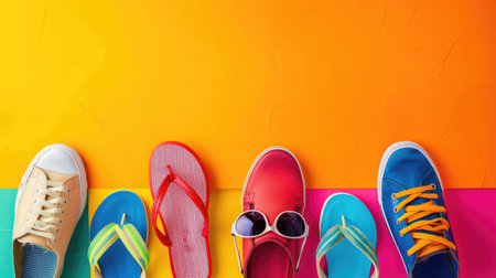 There is a variety of shoes and sandals displayed on a colorful background, including walking shoes, outdoor shoes, and electric blue and orange sandals. The vibrant display is like a work of artの素材
