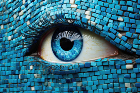 Abstract eye mosaic made of blue tiles and looking at camera. Close up of human eye staring at camera made by blue floor tiles. Artistic concept for vision and perception. Curious, observe. AIG35.の素材