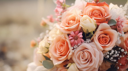 A bouquet of peach and cream colored roses. AIG51A.の素材