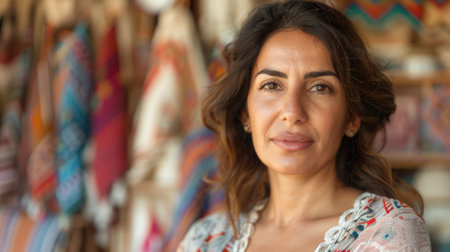 The close up picture of the middle eastern boutique shop owner looking at the camera at the market, boutique shop owner require skill like financial management, creative and customer service. AIG43.の素材