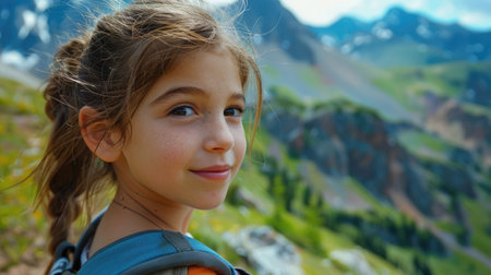 A happy little girl with a backpack is standing in a grassland field, smiling with her hair blowing in the wind. She enjoys the natural landscape and leisure of the mountains AIG50の素材
