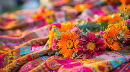 A vibrant display of colorful textiles and flowers in shades of orange, pink, and magenta on a sunny yellow background. This artful arrangement exudes a happy and joyful vibe, perfect for any eventの素材