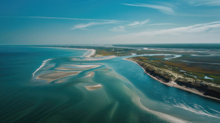 An electric blue watercourse winds through a verdant forest, creating a mesmerizing natural landscape of lush terrestrial plants and trees from above AIG50の素材