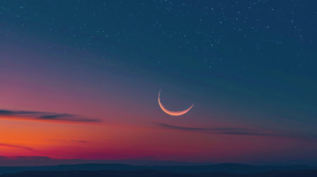 Pink and blue sky with stars and a crescent moon. AIG51A.の素材