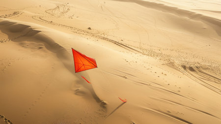 A red kite soars gracefully over a desert landscape in a painting, with cumulus clouds dotting the sky and adding to the atmosphere of heat and wind AIG50の素材