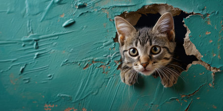 Close up view picture of the hollow green hole on the the wall that show the cat stay inside the wall that has been made from some material yet still can be break to look through other side. AIGX03.の素材