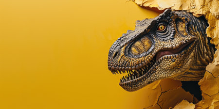 Close up view picture of the hollow yellow hole on the the wall that show the t.rex stay inside the wall that has been made from some material yet still can break to look through other side. AIGX03.の素材