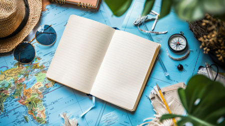 A green hat, aqua sunglasses, an electric blue compass, a watercolored notebook, and a map with an azure pattern on a circle design table AIG50の素材