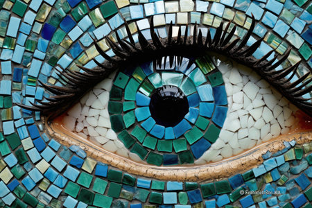 Abstract eye mosaic made of blue tiles and looking at camera. Close up of human eye staring at camera made by blue floor tiles. Artistic concept for vision and perception. Curious, observe. AIG35.の素材