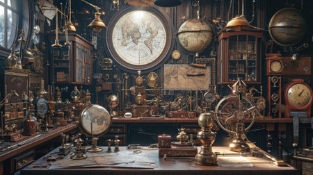 An intricately detailed vintage study room, filled with navigational instruments, antique map, and explorers tools, evoking the spirit of discovery. Resplendent.の素材