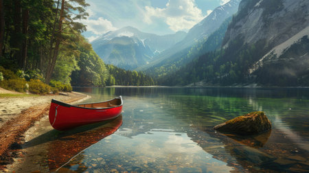A red canoe is docked on the shore of a picturesque lake with majestic mountains towering in the background, surrounded by a serene natural landscape under a cloudy sky AIG50の素材