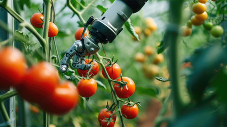 A robotic arm efficiently picks harvesting product, a type of vegetable, in a greenhouse to produce healthy and natural foods. AIG41の素材