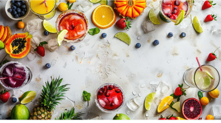 A variety of fruits and vegetables, including Rangpur, yellow, and other ingredients, are beautifully arranged in a circle on a table for a vibrant and colorful dishware display AIG50の素材