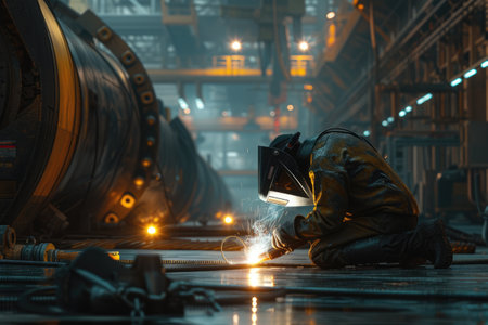 Smart industrial worker using steel welding machine welding steel at factory while wearing safety protection gear. Professional engineer cutting metal tube create spark. Manufacturing concept. AIG42.の素材