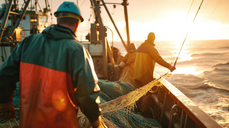 A group of fishermen enjoying the sunset while standing on a boat in the middle of the ocean, surrounded by water and the vast sky above. AIG41の素材