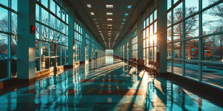 The great long hallway inside the architecture that similar to the hospital with a green tree and the bench that stay on the shiny cleaned floor that reflect a light in the brightest morning. AIGX03.の素材