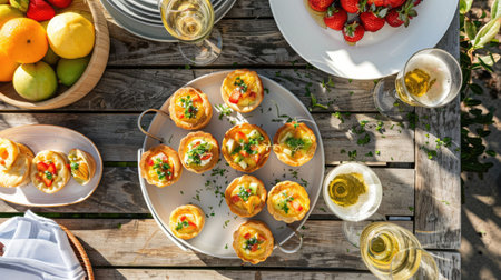 A wooden table beautifully set with a variety of dishes and drinks. The tableware showcases a diverse range of cuisine with fresh ingredients and garnishes AIG50の素材