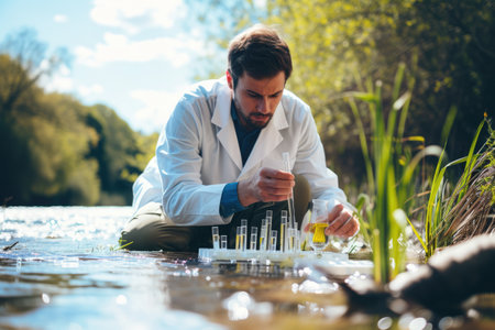 A man, wearing a lab coat, collects water from a river, amidst a beautiful natural landscape with happy people, trees, grass, and a serene lake. AIG41の素材
