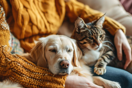 A woman is holding a dog and a cat in her arms. The dog is sleeping and the cat is looking at the camera. AIG51A.の素材