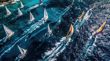 A group of sailboats is peacefully floating on the calm water, creating a picturesque scene of adventure and recreation. The electric blue sky above adds to the beauty of the event AIG50の素材