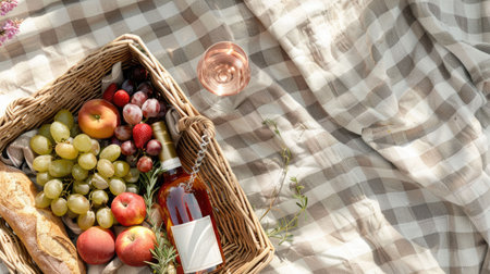 A picnic basket filled with natural foods like fruit and bread, placed on a checkered blanket for a relaxing outdoor meal AIG50の素材
