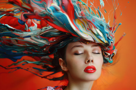 A woman with multicolored paint flowing through her hair. AIG51A.の素材