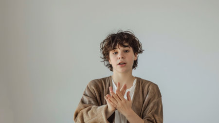 The picture of the interpreter is using the hand signal with the grey background as the wallpaper, the interpreter require skill like cultural awareness and proficiency in multiple languages. AIG43.の素材