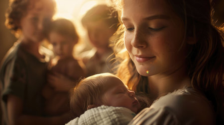 The picture of the parent is holding the newborn baby and handle with care also surrounded with family, the newborn baby require Nutrition, Care, safety, sleep, health care, love and attention. AIG43.の素材