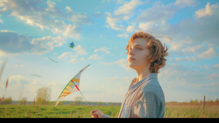 The picture of the person is playing the kite under the bright light from the sun of the clear blue sky that can be conveying the feeling of the happiness, freedom, playful and joyful emotion. AIG43.の素材