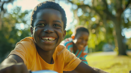 The picture of the father and son is learning to riding the bicycle together under sunlight surrounded with nature, riding bicycle require skill like balance, safety awareness and persistence. AIG43.の素材