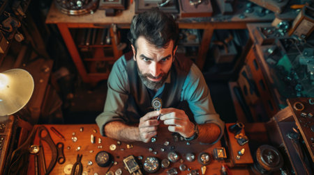 The picture of professional jeweler working inside workshop about appraisal the jewel, the jeweler require skills like experience, gemstone identification, precision and attention to detail. AIG43.の素材