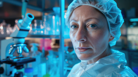 The picture of the forensic or genetic scientist concentrated in working inside the laboratory about chemistry and biology that analyze the evidence from the crime scene and the investigation. AIG43.の素材