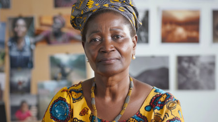 The close up picture of the african female professional ceo, executive director or manager of the non-governmental organization with the wall of the various pictures that has been put on it. AIG43.の素材
