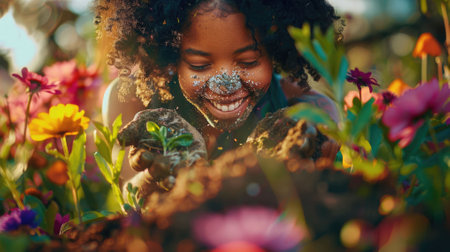 The picture of the woman that has been planting the various type of the flower, the planting require skill like plant knowledge, experience, seasonal timing, care and monitoring and management. AIG43.の素材