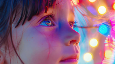 A close up of a little girl with black hair, bangs, smiling, with twinkling Christmas lights reflecting in her iris, eyelashes, nose, and rosy cheeks. A beautiful scene filled with joy and fun AIG50の素材