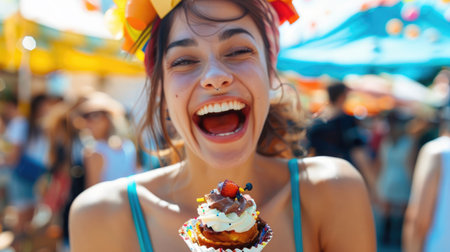 A woman enjoying a delicious ice cream cone at a carnival, capturing a happy summer moment with a snapshot of food and fun AIG50の素材