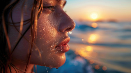 A happy woman with a smile on her face is drinking water from the ocean as she watches the sunset, enjoying the jawdropping landscape and sky AIG50の素材